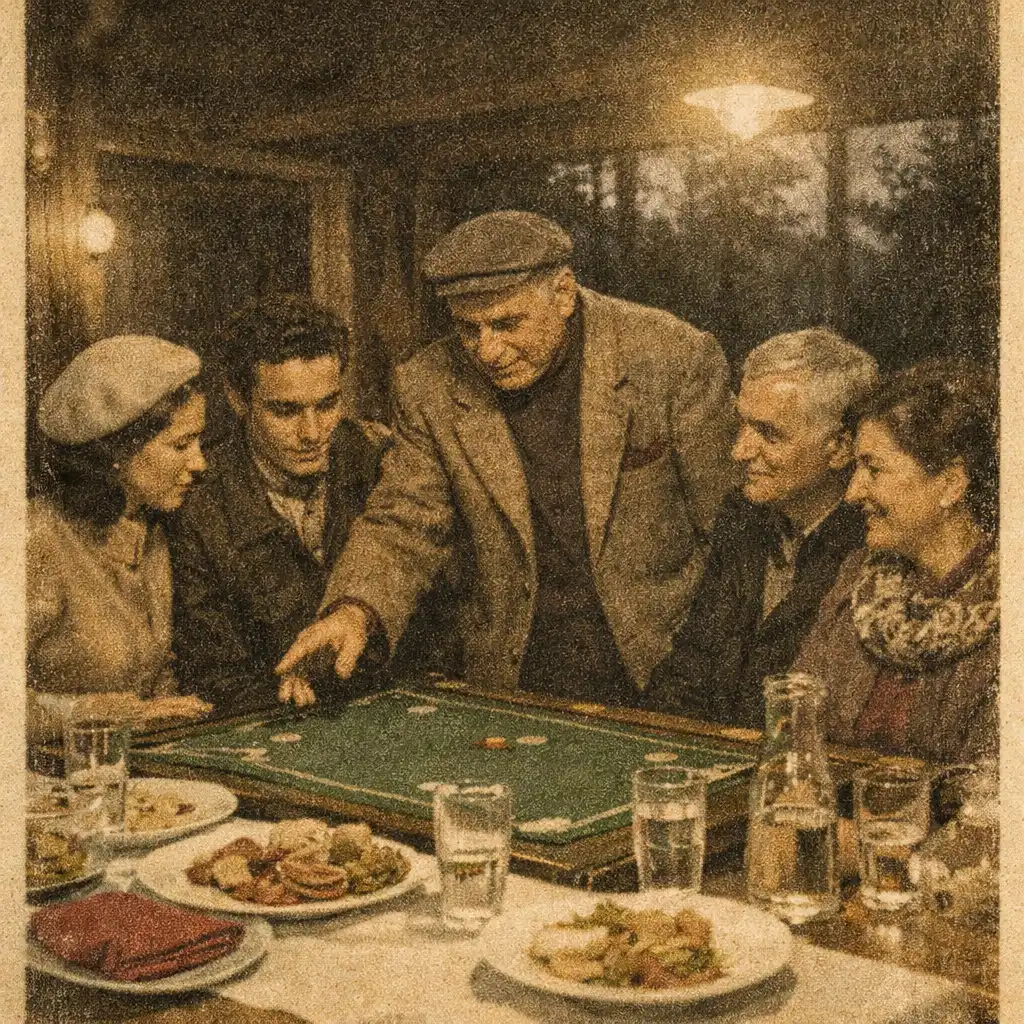 Házigazda vezet egy kis társaságot éttermi asztalnál, közös vacsora mellett.
