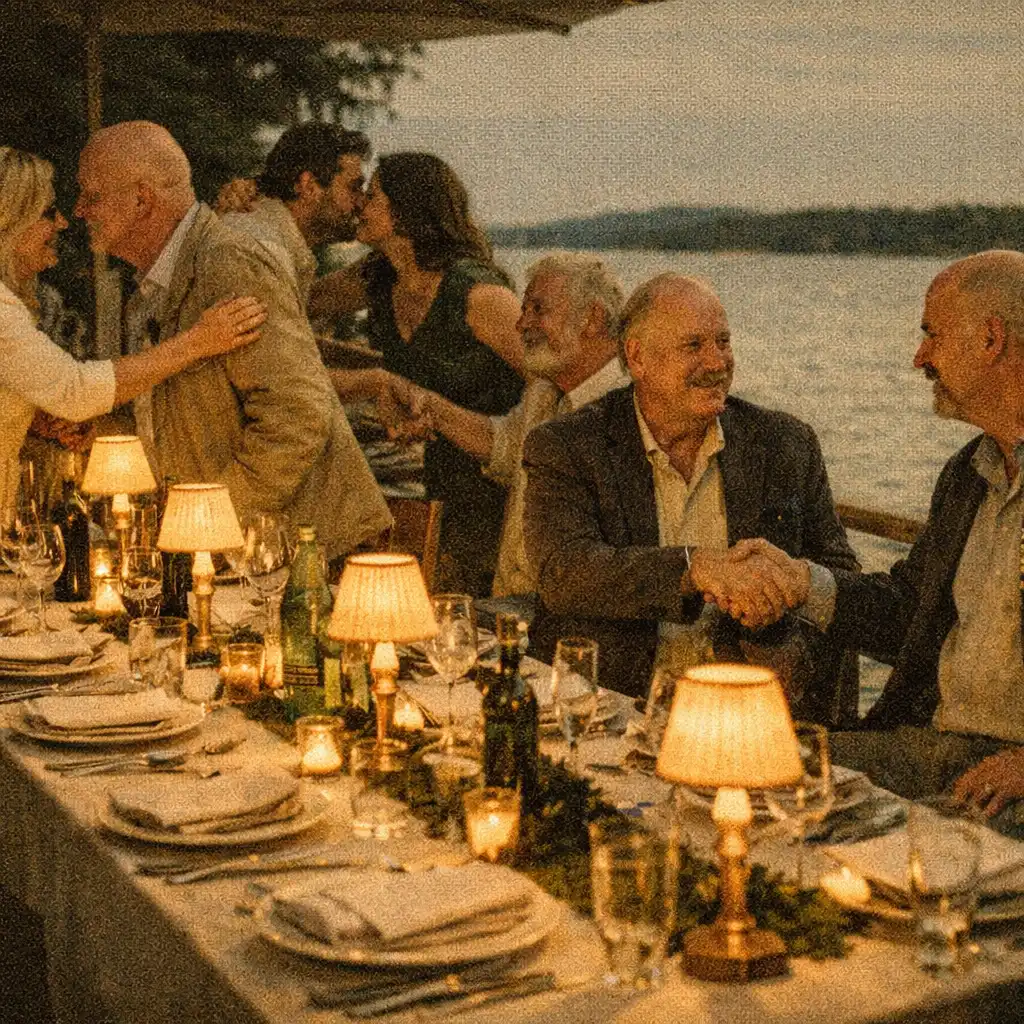 Vendégek érkeznek egy hosszú, terített asztalhoz egy helyszíni éttermi est kezdetén.